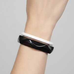 Art Deco Style Black Hexagon Bangle & White Slim Resin Bracelet Set Geometric
